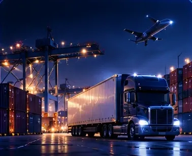 Truck, shipping containers, and cranes at a port at night