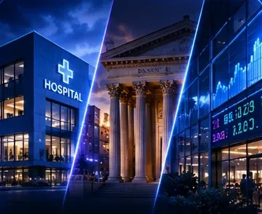 A hospital, a courthouse, and a trading floor at night